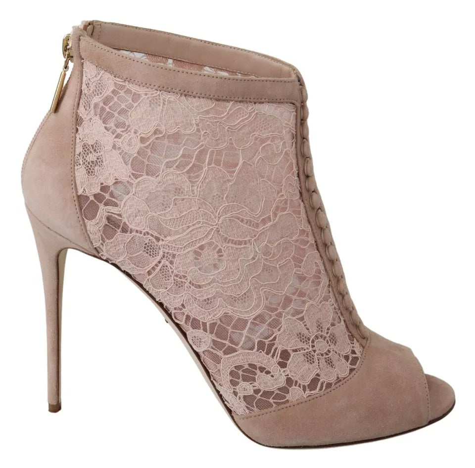 Bottes à talons ouverts Dolce & Gabbana en daim beige avec dentelle, style peep toe et ankle boots élégantes.