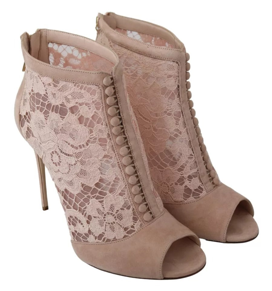 Bottes à talons ouverts en daim beige avec dentelle, marque Dolce & Gabbana, chaussures élégantes pour femmes.