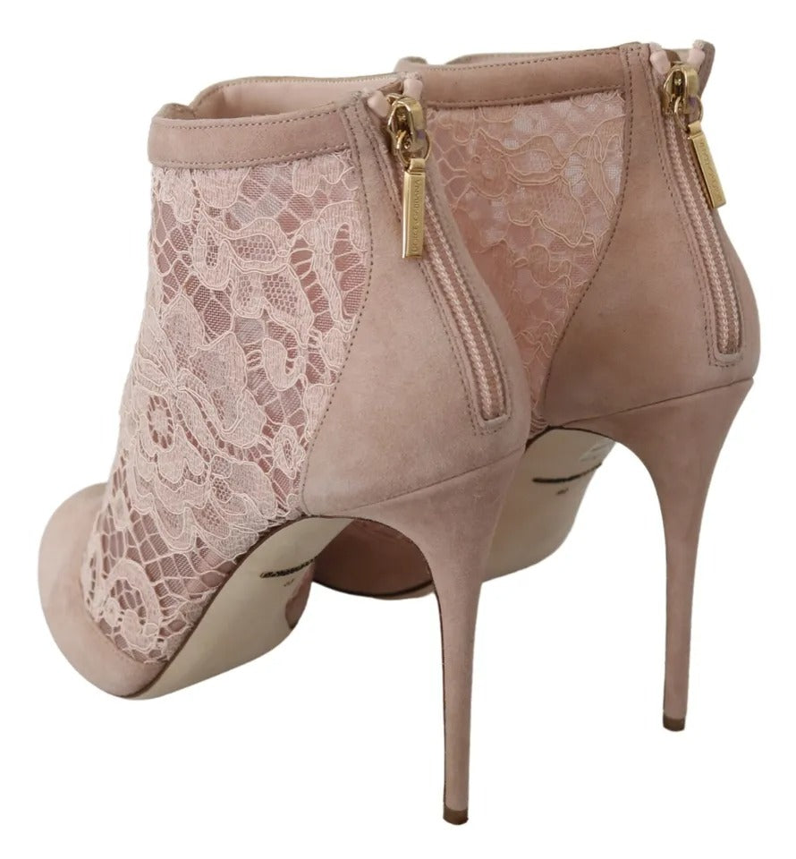 Chaussures Dolce & Gabbana beige en dentelle et suède avec talons ouverts et bout pointu, bottines ankle boots élégantes.