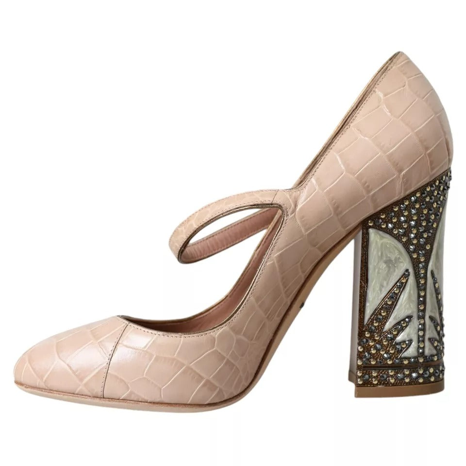 Chaussures Dolce & Gabbana Mary Janes en cuir beige avec embellissements, vue de face.