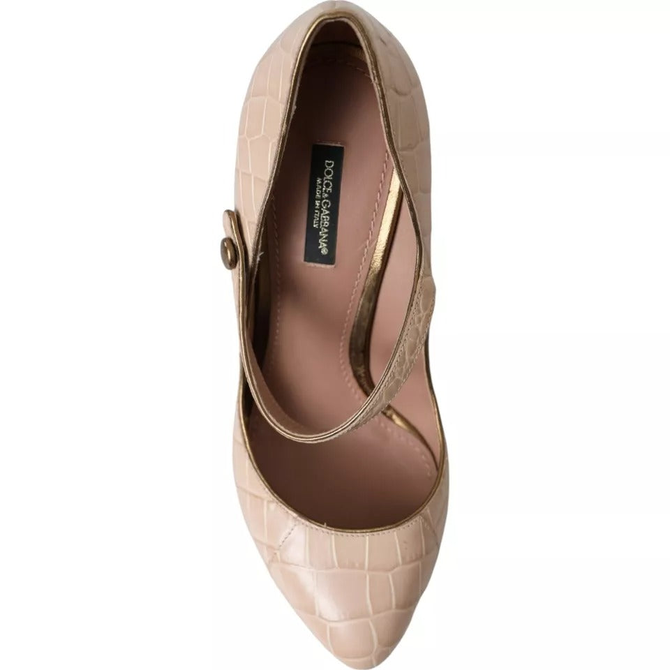 Chaussures Dolce & Gabbana Mary Janes en cuir beige avec embellissements, vues en gros plan.