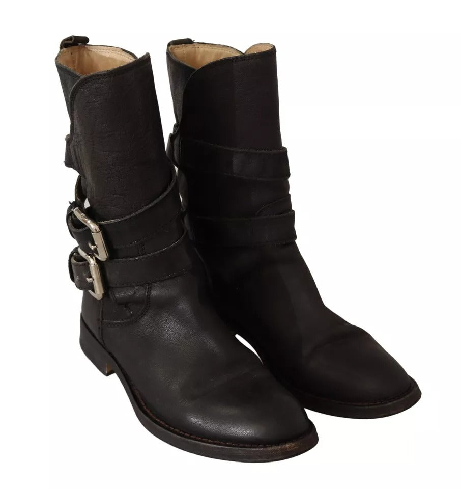 Bottes en cuir noir Dolce & Gabbana avec boucle, mi-mollet, chaussures élégantes et sophistiquées.