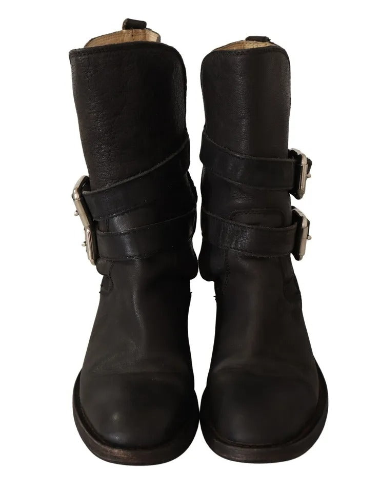 Bottes en cuir noir Dolce & Gabbana, mi-mollet, avec boucle élégante, chaussures de mode pour femmes.