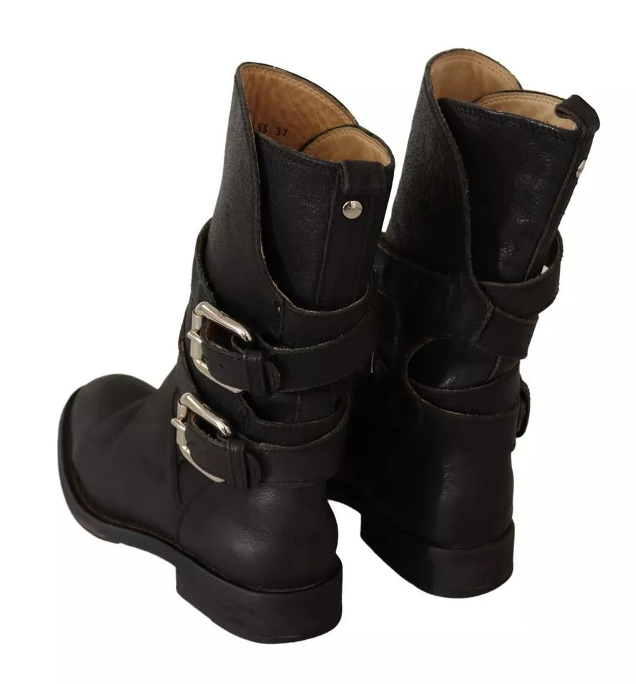 Bottes en cuir noir Dolce & Gabbana, mi-mollet avec boucle élégante, chaussures de mode sophistiquées et tendance.