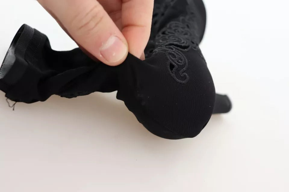 Chaussures Dolce & Gabbana noires, bottines en stretch avec motifs floraux en dentelle, élégantes et sophistiquées.