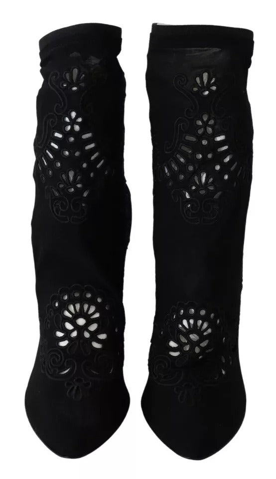 Chaussures Dolce & Gabbana, bottines noires en stretch avec fleurs en dentelle, élégantes et sophistiquées.