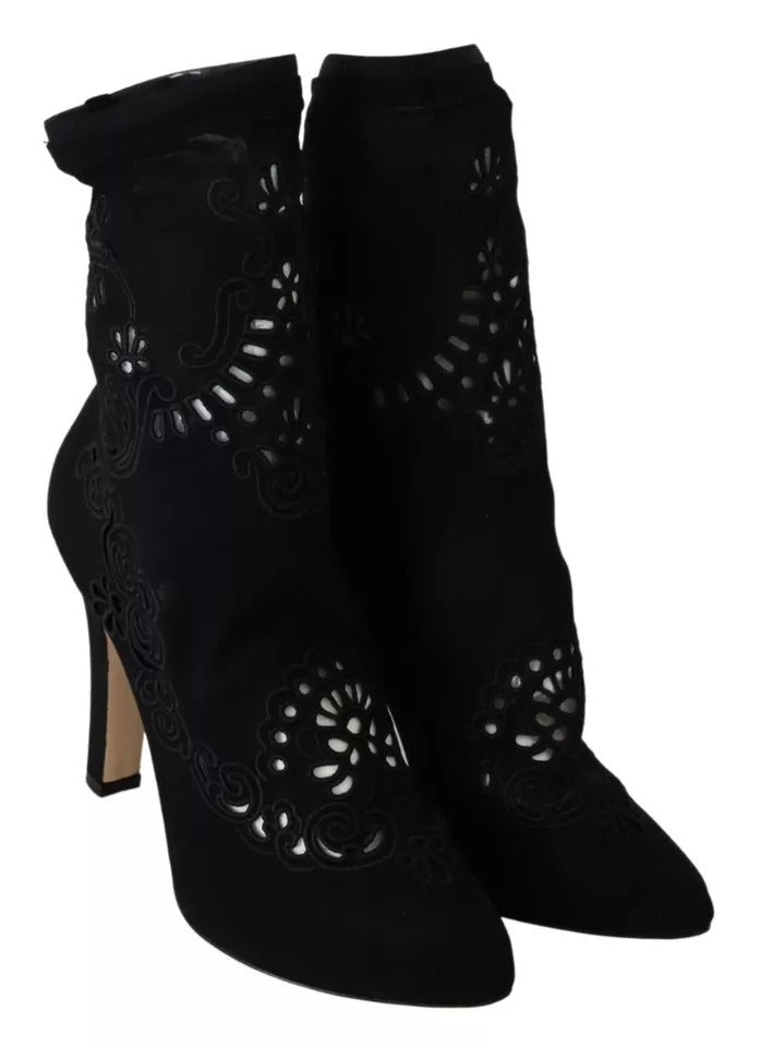 Chaussures Dolce & Gabbana noires à talons, bottines en stretch avec motifs floraux en dentelle élégante.