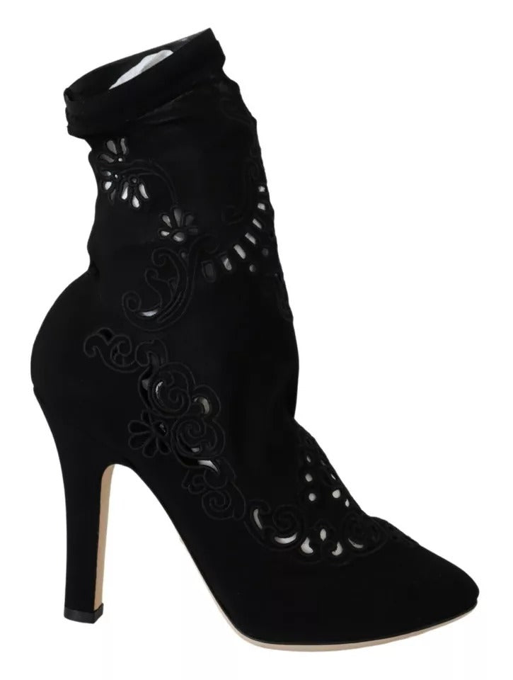 Chaussures Dolce & Gabbana noires, bottines en stretch avec broderie florale et dentelle, style élégant et sophistiqué.