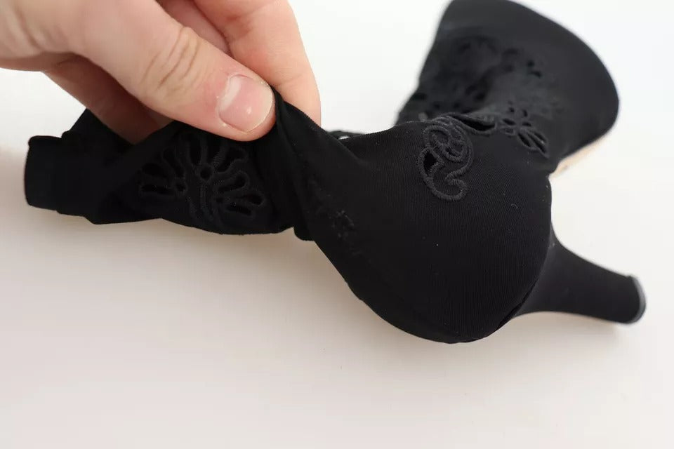Chaussures Dolce & Gabbana noires à talons, bottines en stretch avec motif floral en dentelle, élégantes et sophistiquées.