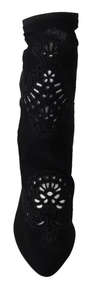 Chaussures Dolce & Gabbana noires à talons, bottines en stretch avec motifs floraux en dentelle, élégantes et sophistiquées.