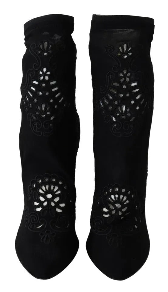 Chaussures à talons Dolce & Gabbana noires, bottines en stretch avec motifs floraux en dentelle.