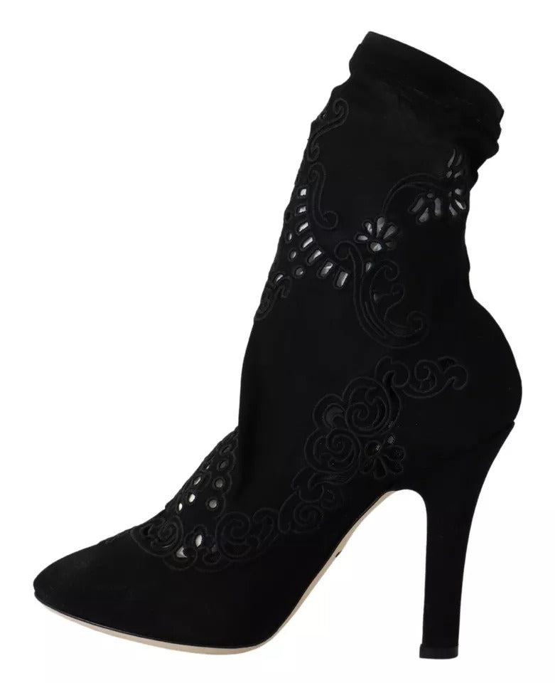 Chaussures Dolce & Gabbana à talons noirs, bottines extensibles avec détails en dentelle florale et style élégant.