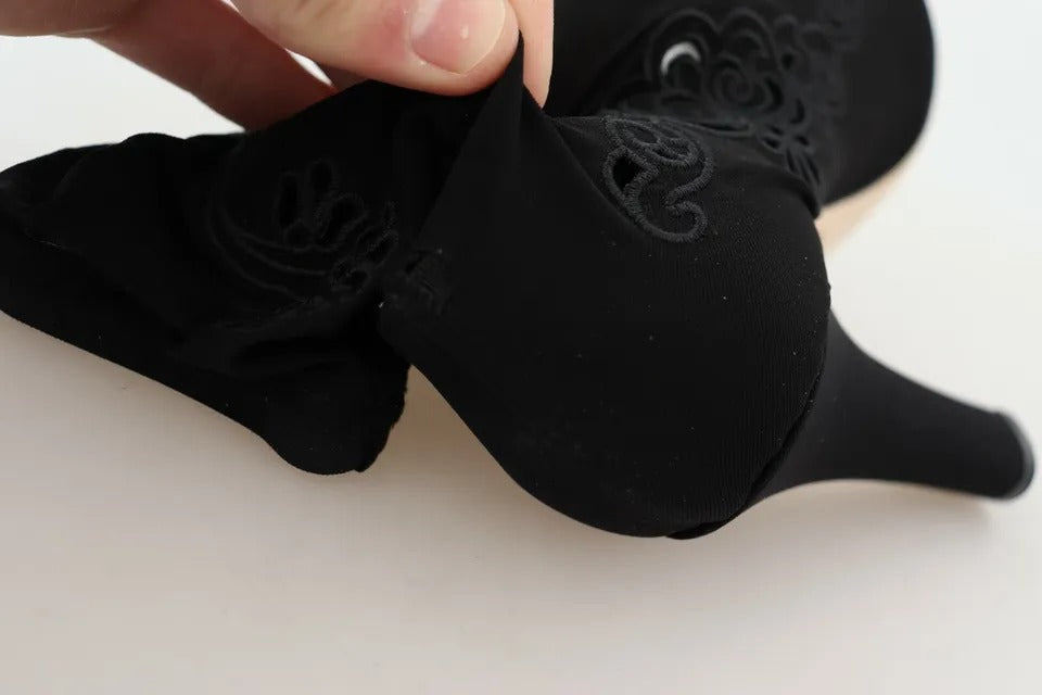 Chaussures Dolce & Gabbana noires à talons, bottines en stretch avec motifs floraux en dentelle, élégantes et sophistiquées.