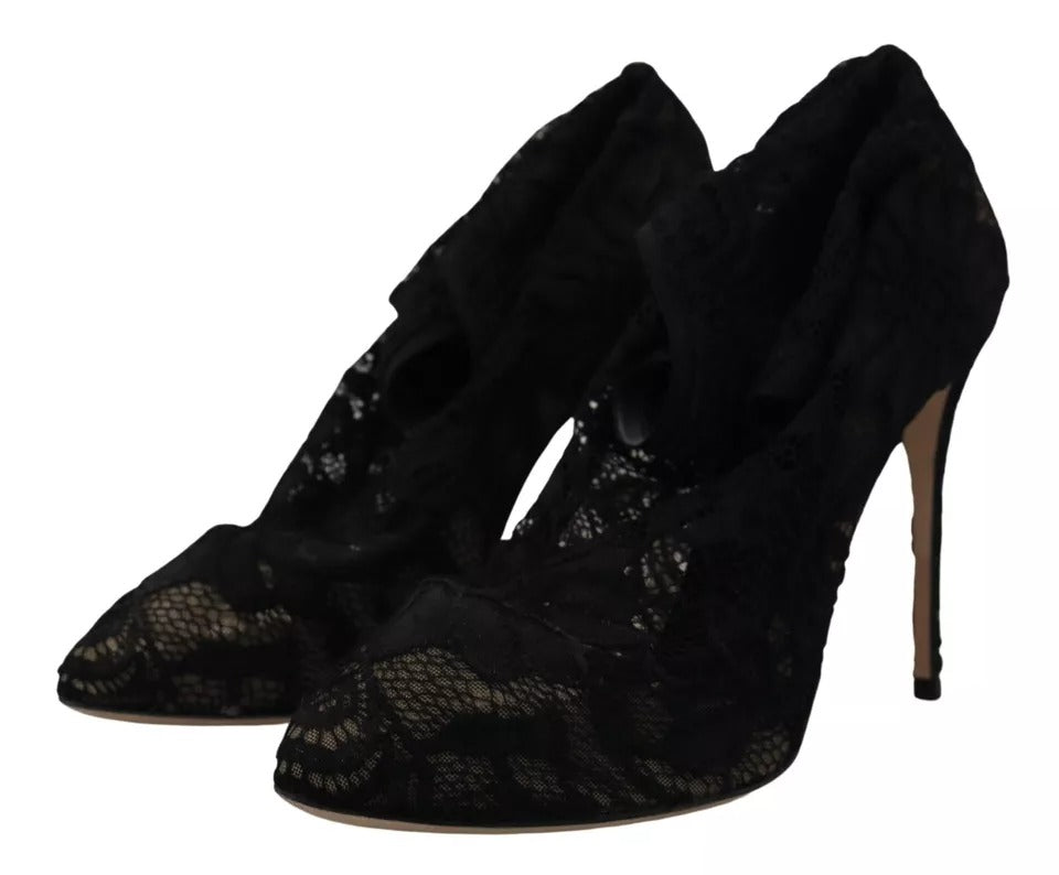 Chaussettes noires extensibles Dolce & Gabbana Taormina avec dentelle, assorties à des bottines ou chaussures élégantes.