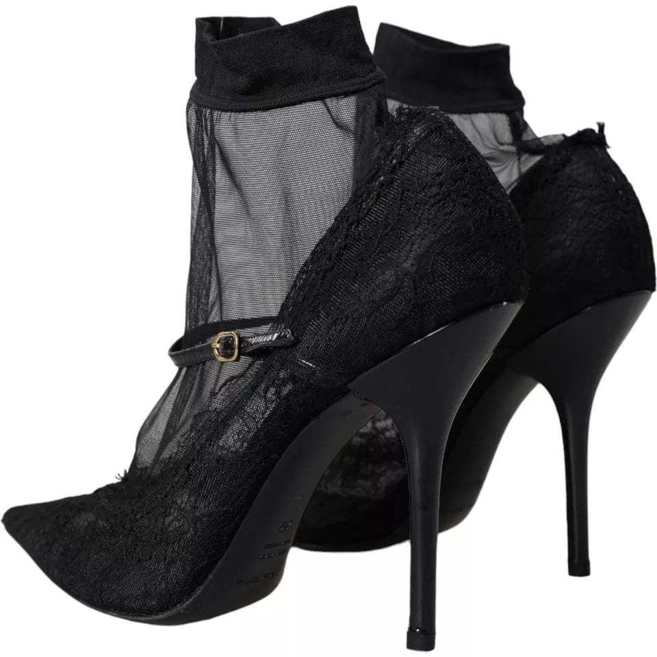 Chaussures Dolce & Gabbana à talons pumps noires en tulle extensible, style élégant et sophistiqué, vue de face.