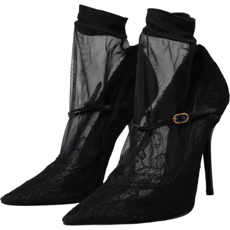 Chaussures à talons Dolce & Gabbana, bottines en tulle noir extensible avec semelle en cuir et design élégant.