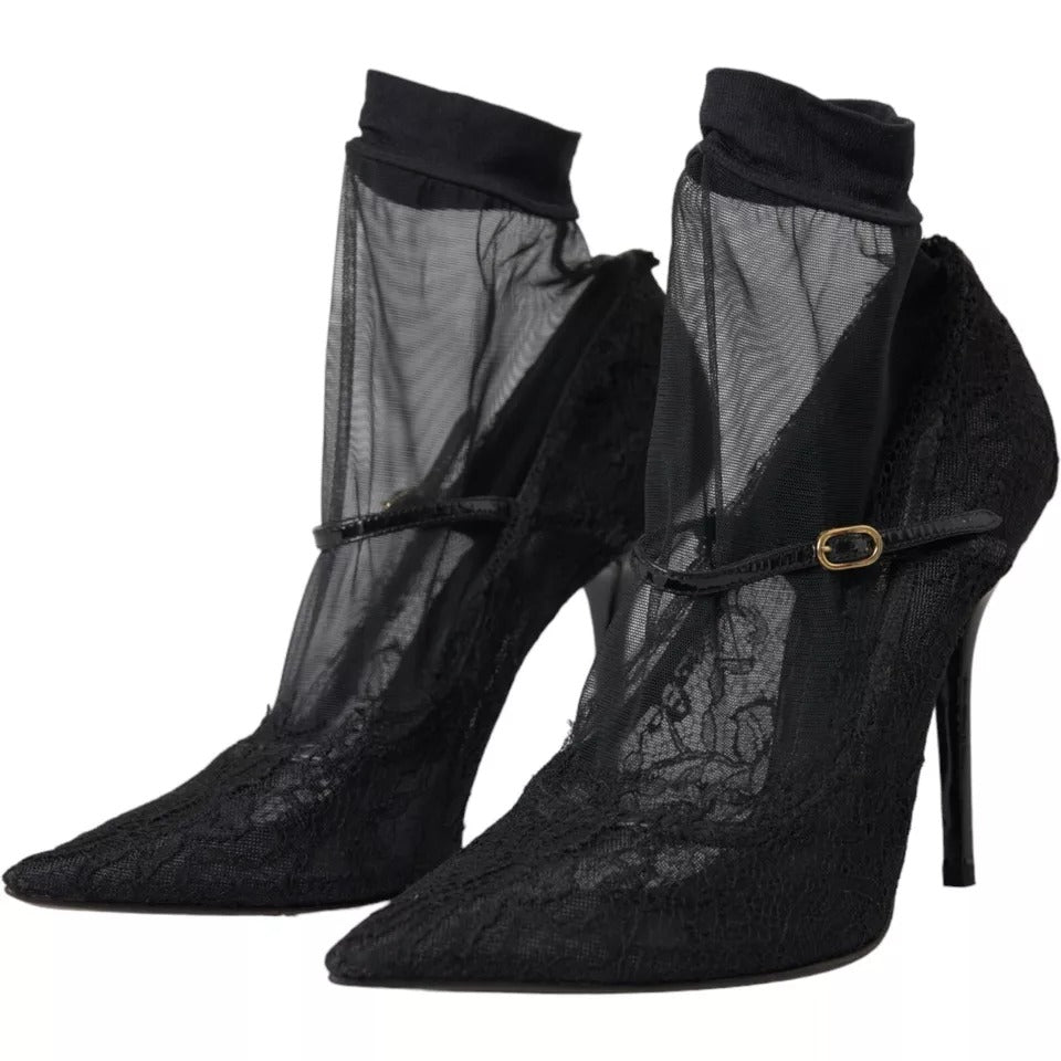 Chaussures Dolce & Gabbana noires en tulle extensible, bottines à talons pour femmes, élégantes et sophistiquées.
