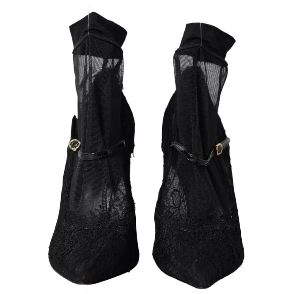 Chaussures à talons Dolce & Gabbana en tulle noir, bottines stretch élégantes, vue de face.