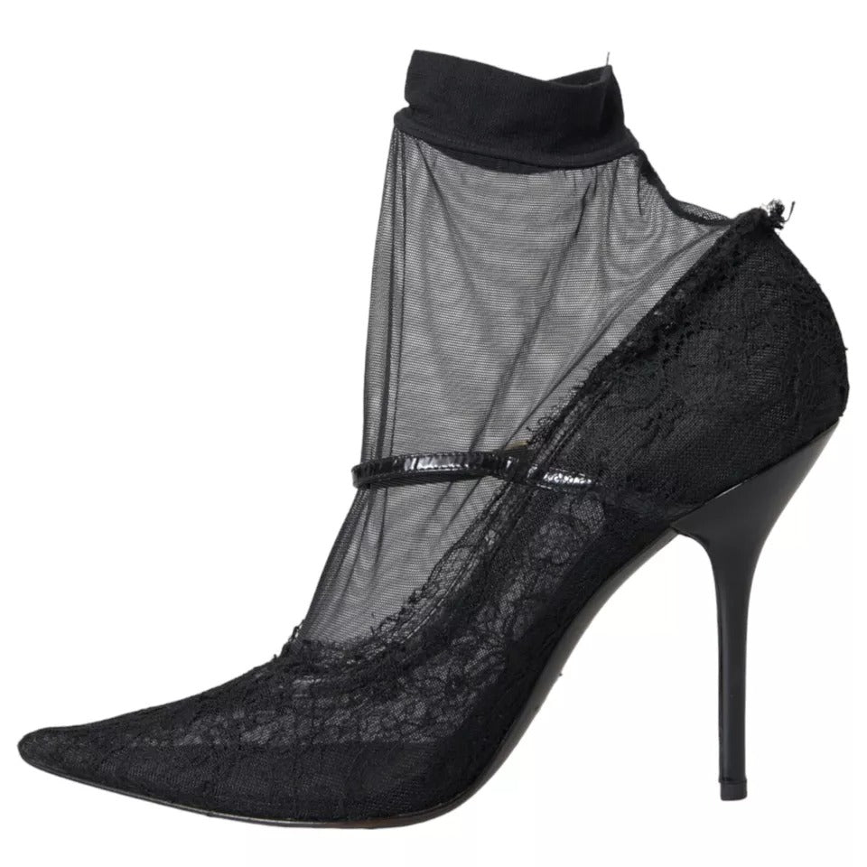 Chaussures à talons Dolce & Gabbana en tulle noir, bottines stretch élégantes, vues de face avec détails de la chaussure.