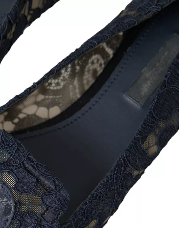 Chaussures Dolce & Gabbana Taormina en dentelle bleue foncée, slip-on élégants pour femmes, vue de côté