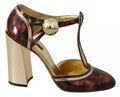 Chaussures Dolce & Gabbana Sandales à talons or avec motif léopard et bride T-strap, vue de face.