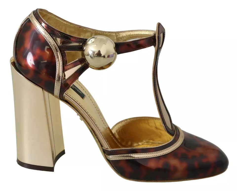 Chaussures Dolce & Gabbana Sandales à talons or avec motif léopard et bride T-strap, vue de face.
