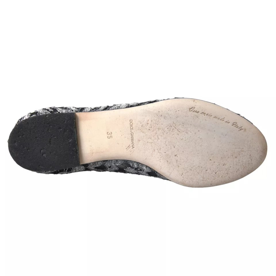Chaussures ballerines Dolce & Gabbana en dentelle grise et noire avec cristaux, élégantes mocassins en satin pour femme