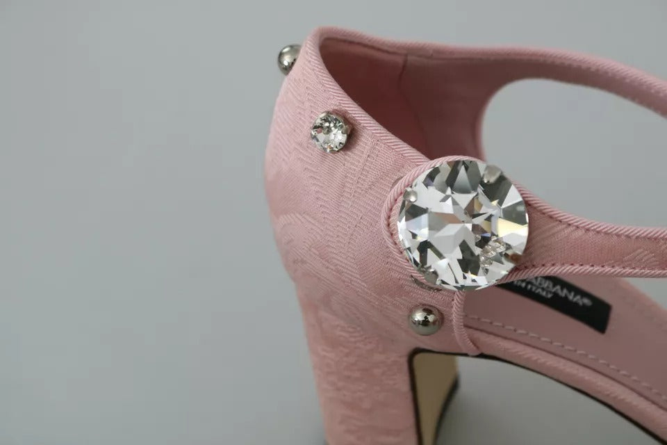 Chaussures à talons Dolce & Gabbana en brocart rose avec cristaux et bride à la cheville, élégantes et luxe.