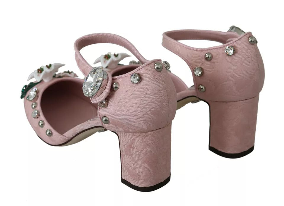 Chaussures à talons Dolce & Gabbana en brocart rose avec cristaux et bride à la cheville.