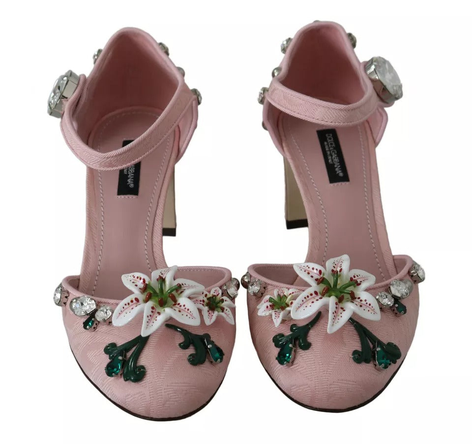 Chaussures à talons Dolce & Gabbana en brocart rose avec cristaux et bride à la cheville.
