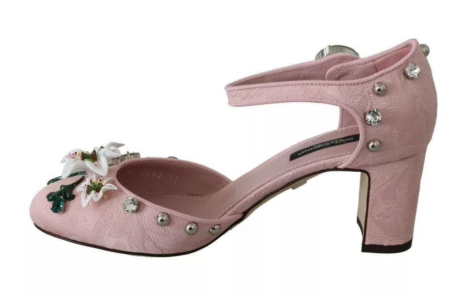 Chaussures à talons Dolce & Gabbana en brocart rose avec cristaux et bride à la cheville, élégantes et raffinées.