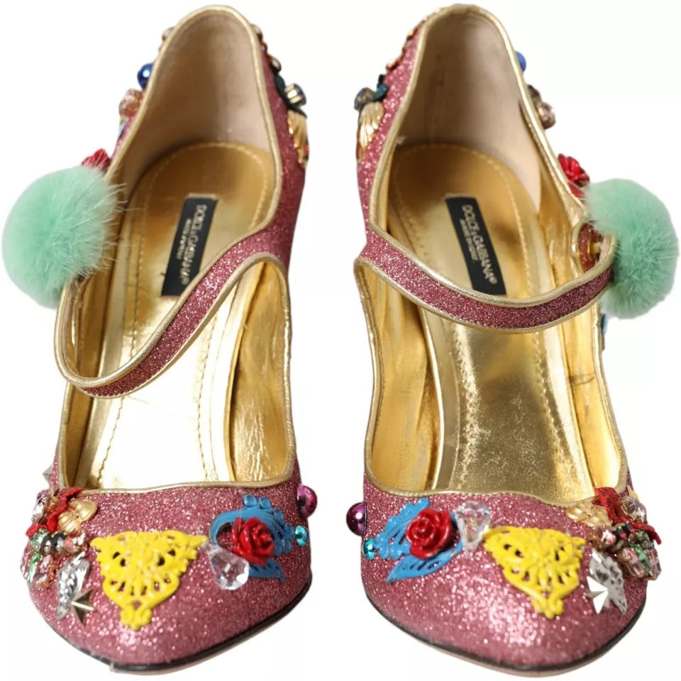 Chaussures Mary Jane en fourrure rose Dolce & Gabbana avec embellissements, élégantes et confortables.