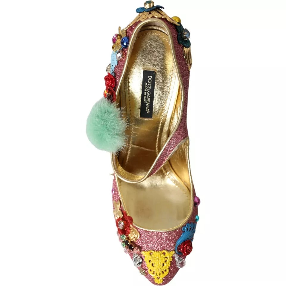 Chaussures Mary Jane Dolce & Gabbana roses roses en fourrure rose ornée de paillettes et embellissements.