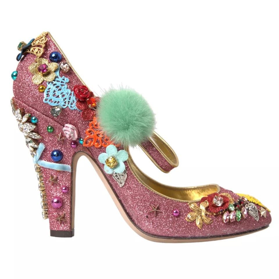 Chaussures à talons Dolce & Gabbana Mary Jane roses ornées de fourrure rose, embellissements brillants, style élégant et féminin.