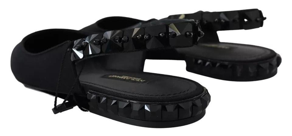 Chaussures plates noires Dolce & Gabbana avec cristaux, brides en satin charmeuse, élégantes et sophistiquées.
