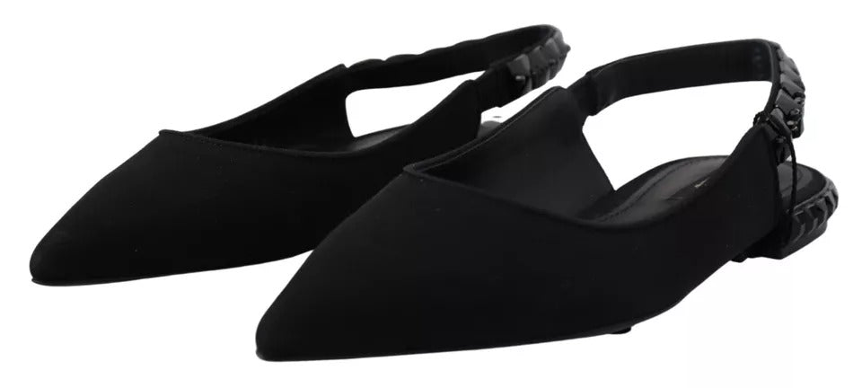 Chaussures plates noires Dolce & Gabbana en satin charmeuse avec cristaux et bride à talon bas.