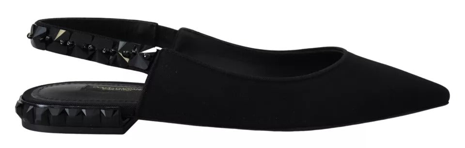 Chaussures plates noires Dolce & Gabbana en satin avec cristaux et talon en slingback, élégantes et sophistiquées.