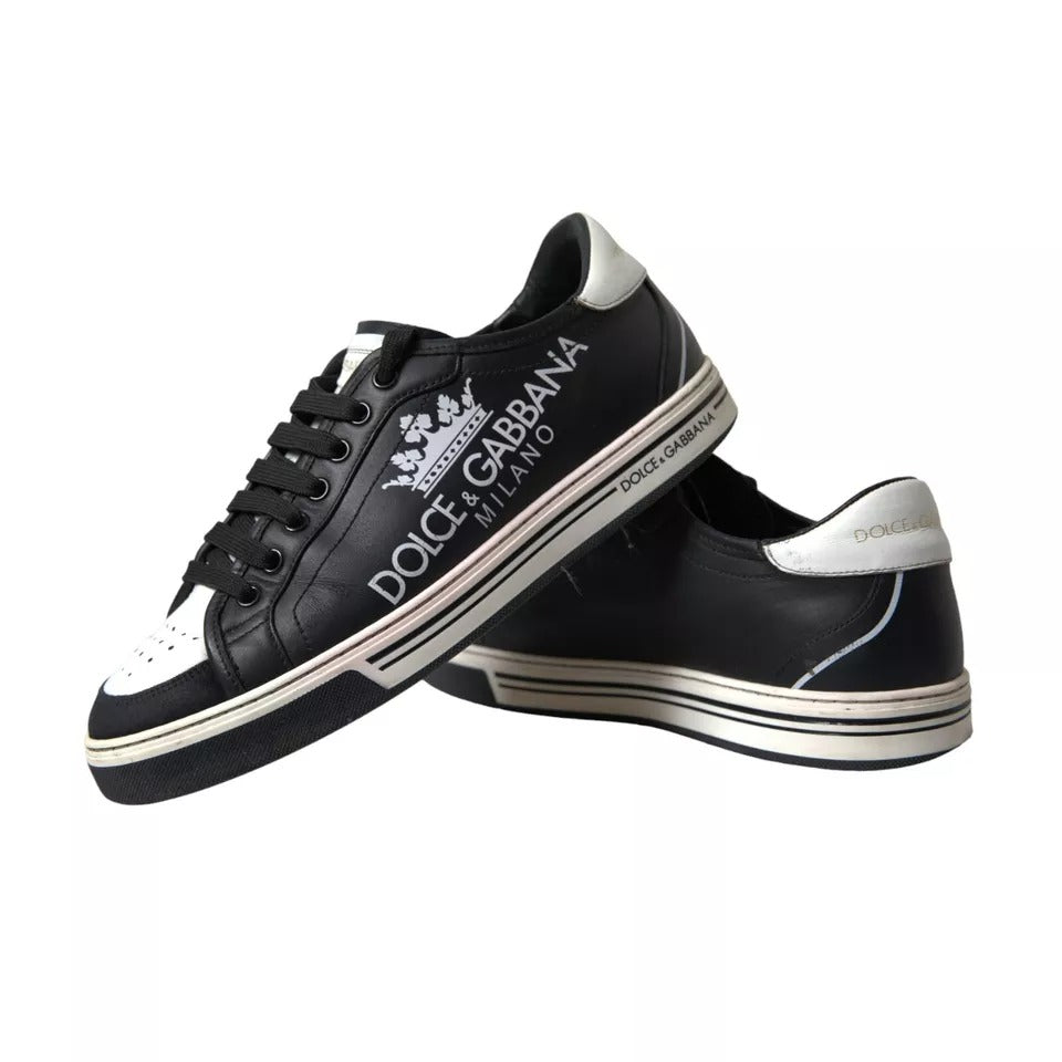 Chaussures sneakers hommes Dolce & Gabbana en cuir noir avec couronne Milano, style élégant et moderne.