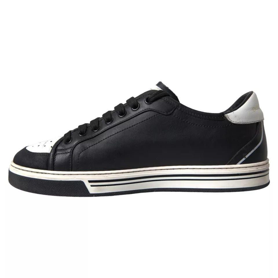 Sneakers pour homme Dolce & Gabbana Milano en cuir noir avec couronne ornementale, vue de face sur fond neutre.