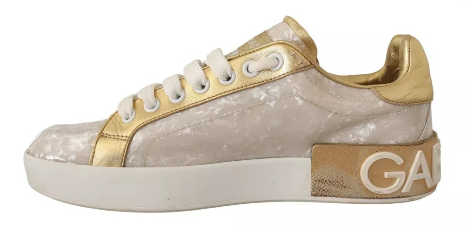 Chaussures décontractées Dolce & Gabbana Portofino blanches en perle de mère, sneakers élégants pour un style casual.