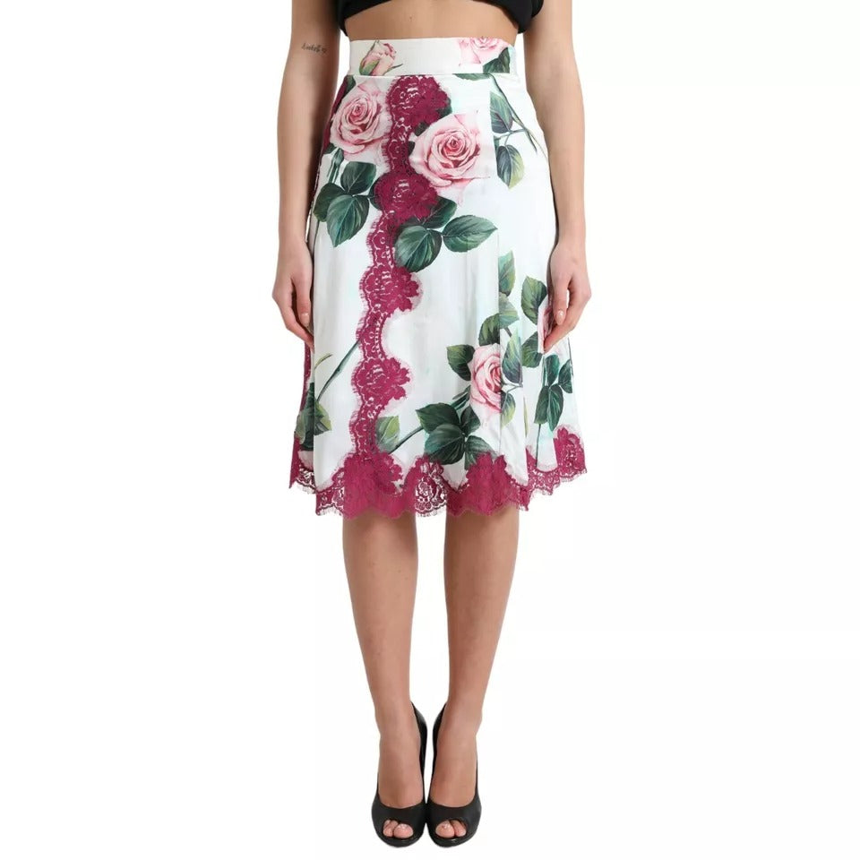 jupe midi à taille haute Dolce & Gabbana avec imprimé de roses blanches, coupe A-line élégante et fluide