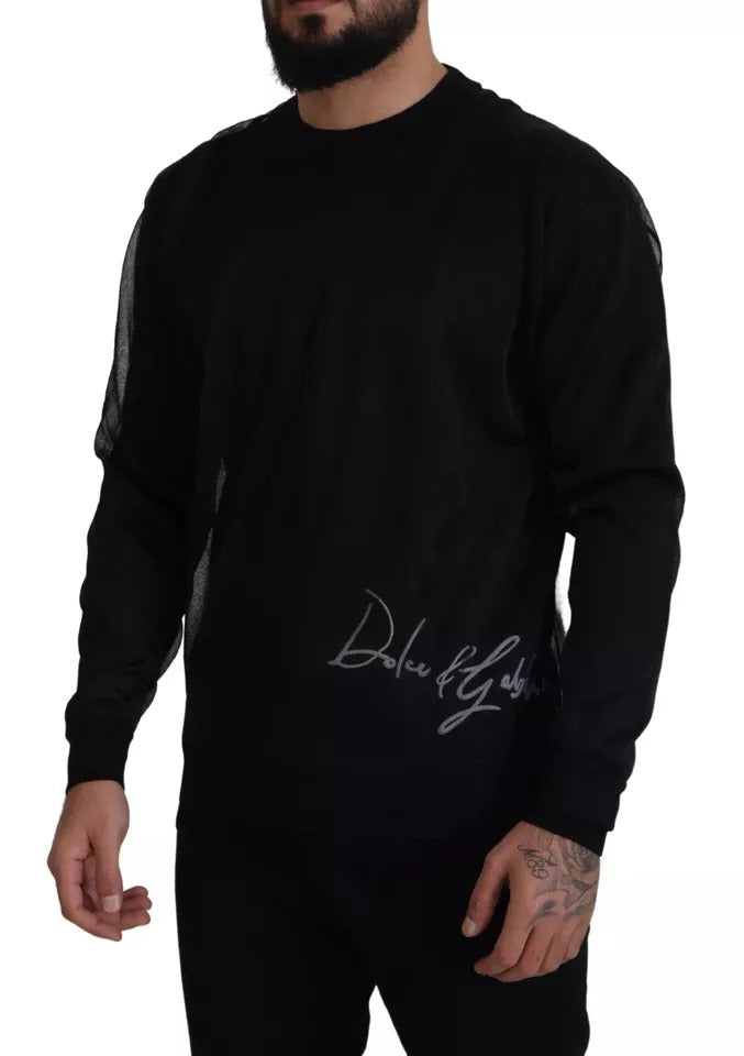 Pull à manches longues Dolce & Gabbana en polyester noir avec logo visible, pull élégant pour homme.