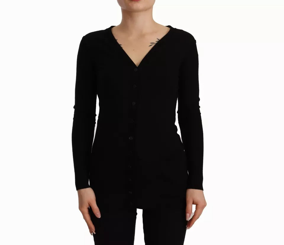 Cardigan en laine noire de Dolce & Gabbana avec boutons, pull à manches longues et coupe classique.
