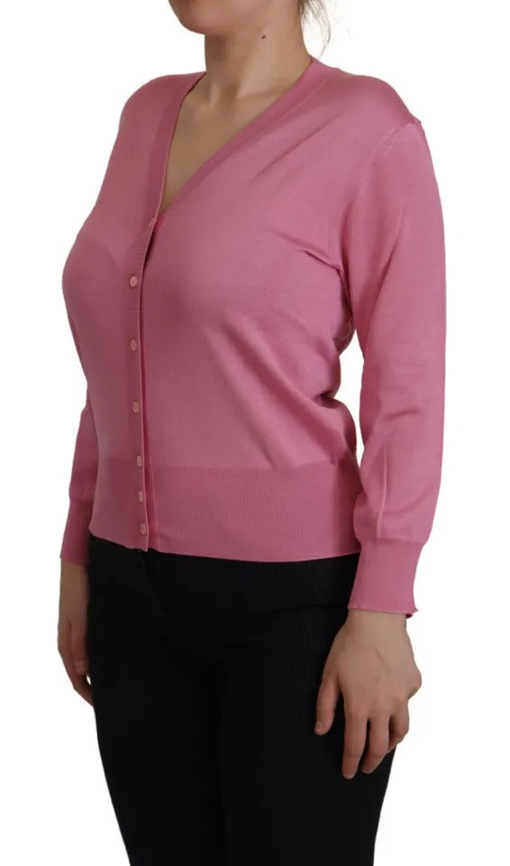 Cardigan Dolce & Gabbana en soie rose avec boutons, pull élégant en 100% soie pour femmes.