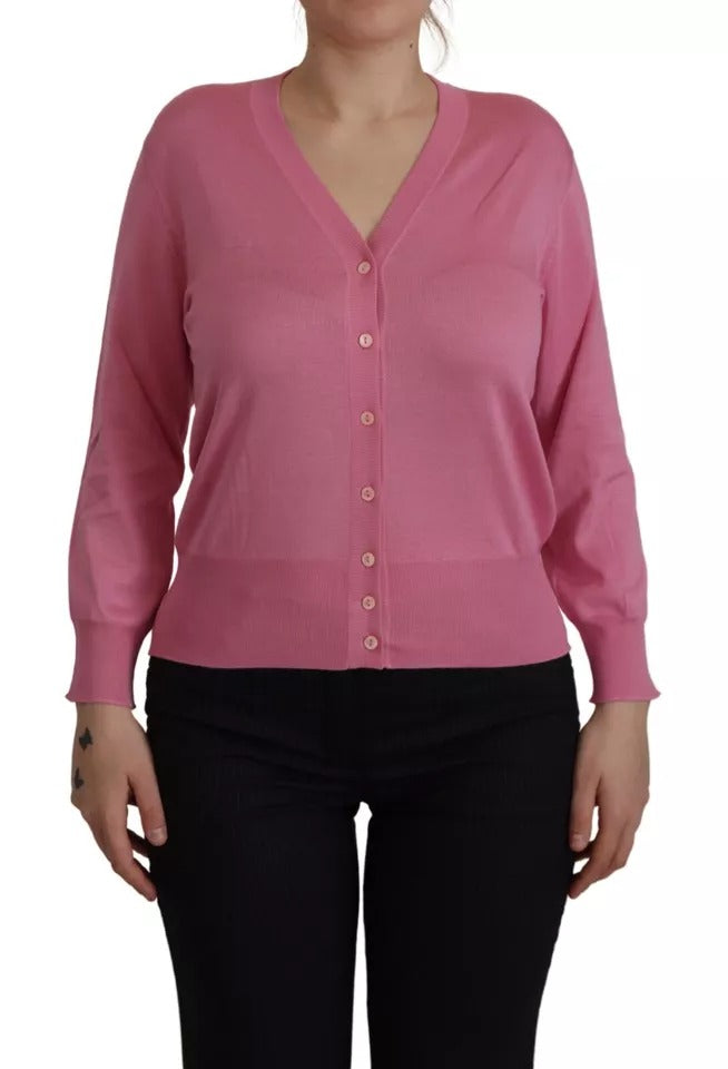 Cardigan Dolce & Gabbana en soie rose à boutons, pull en maille élégante pour femme.