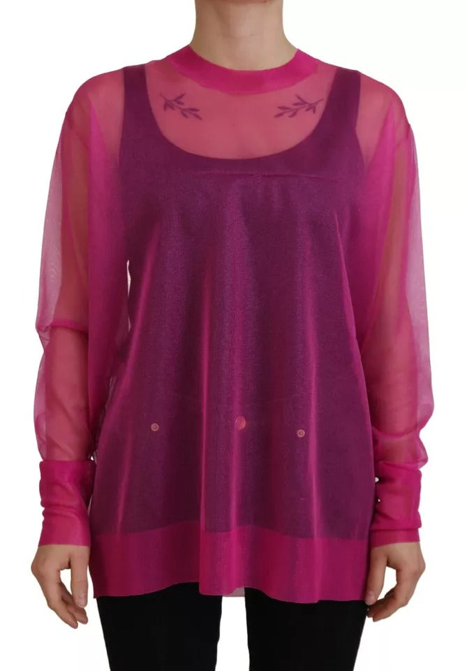 Pull à col rond en polyester fuchsia de Dolce & Gabbana, pull-over élégant avec logo discret, vue de face.