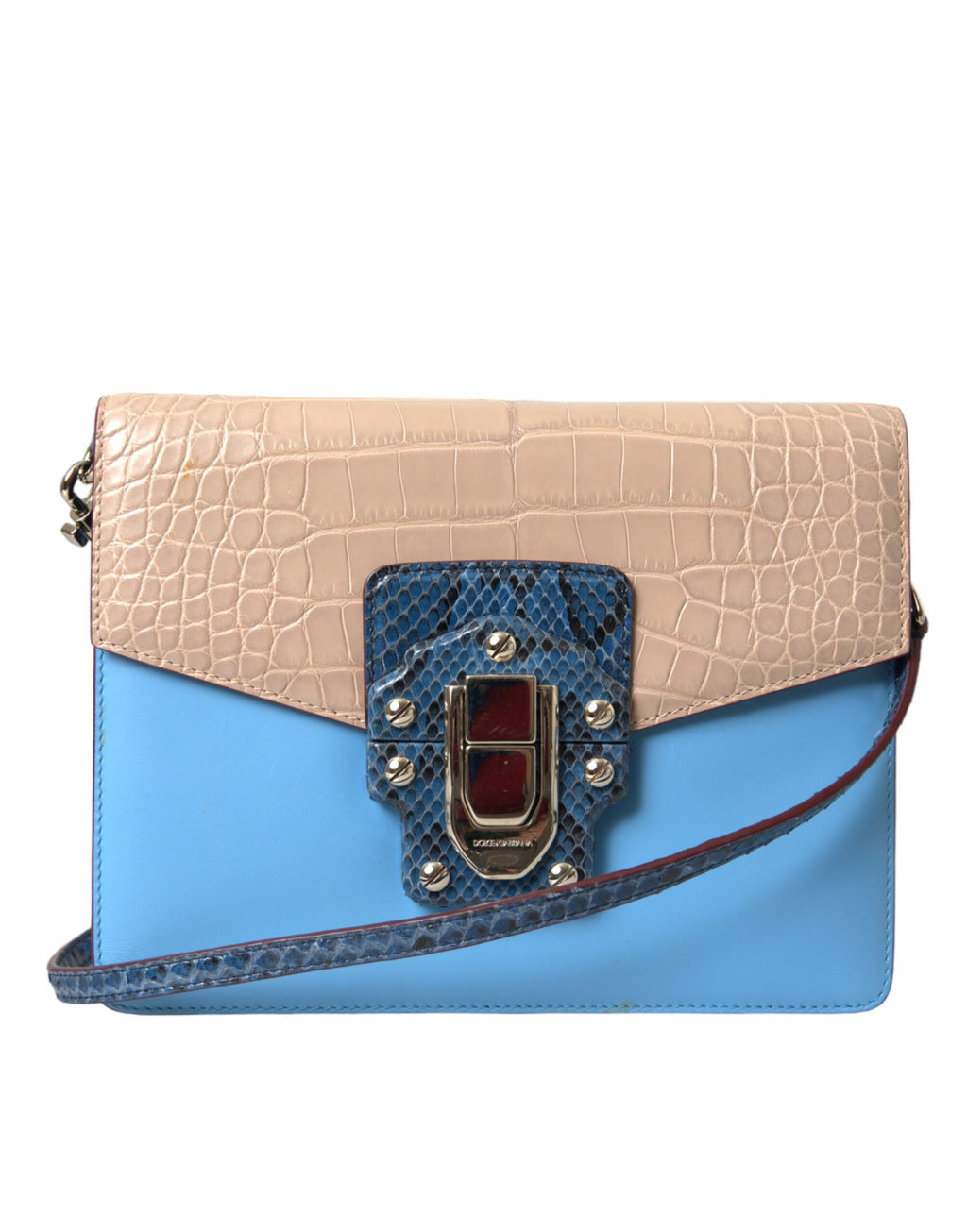 Sac à bandoulière Dolce & Gabbana Lucia en cuir exotique bleu et beige, avec détails sophistiqués.