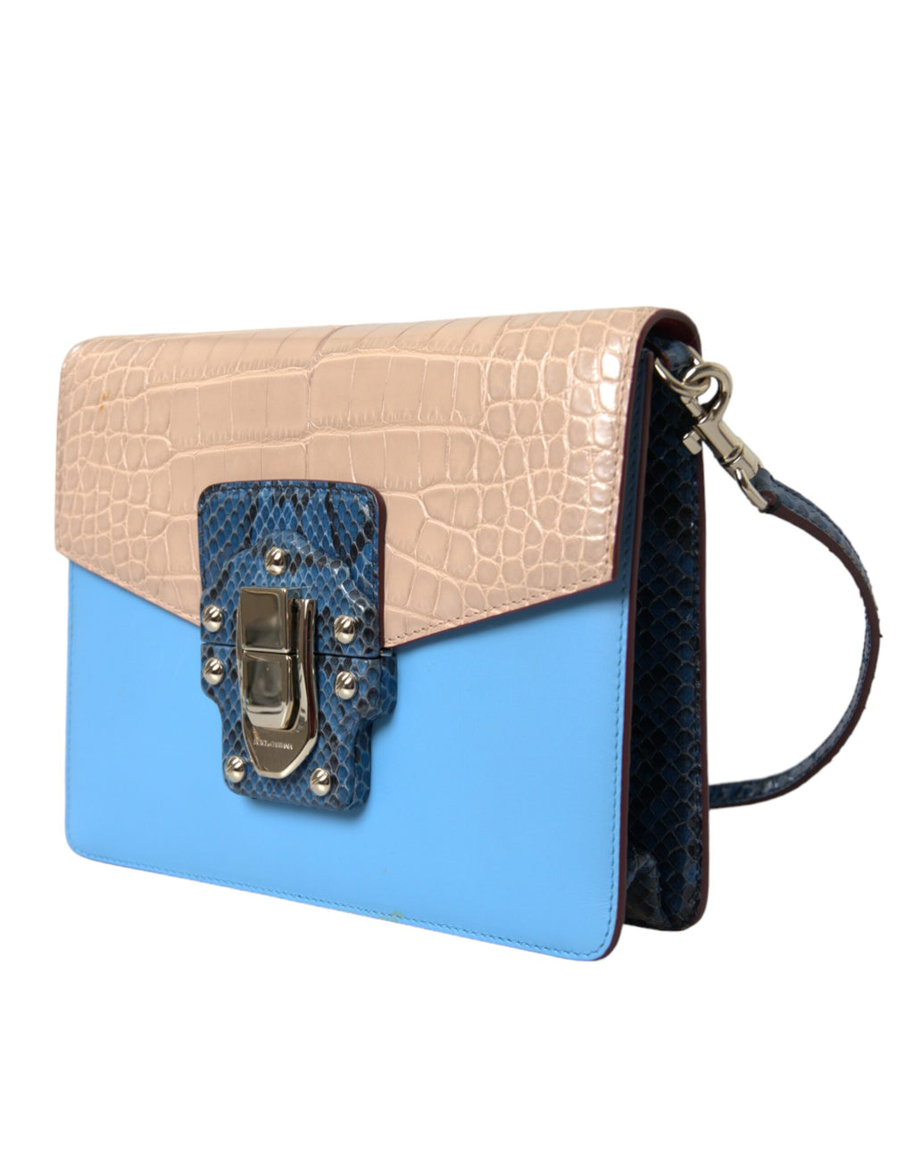 Sac à bandoulière Dolce & Gabbana Lucia en cuir exotique bleu et beige, finition élégante et détails sophistiqués.