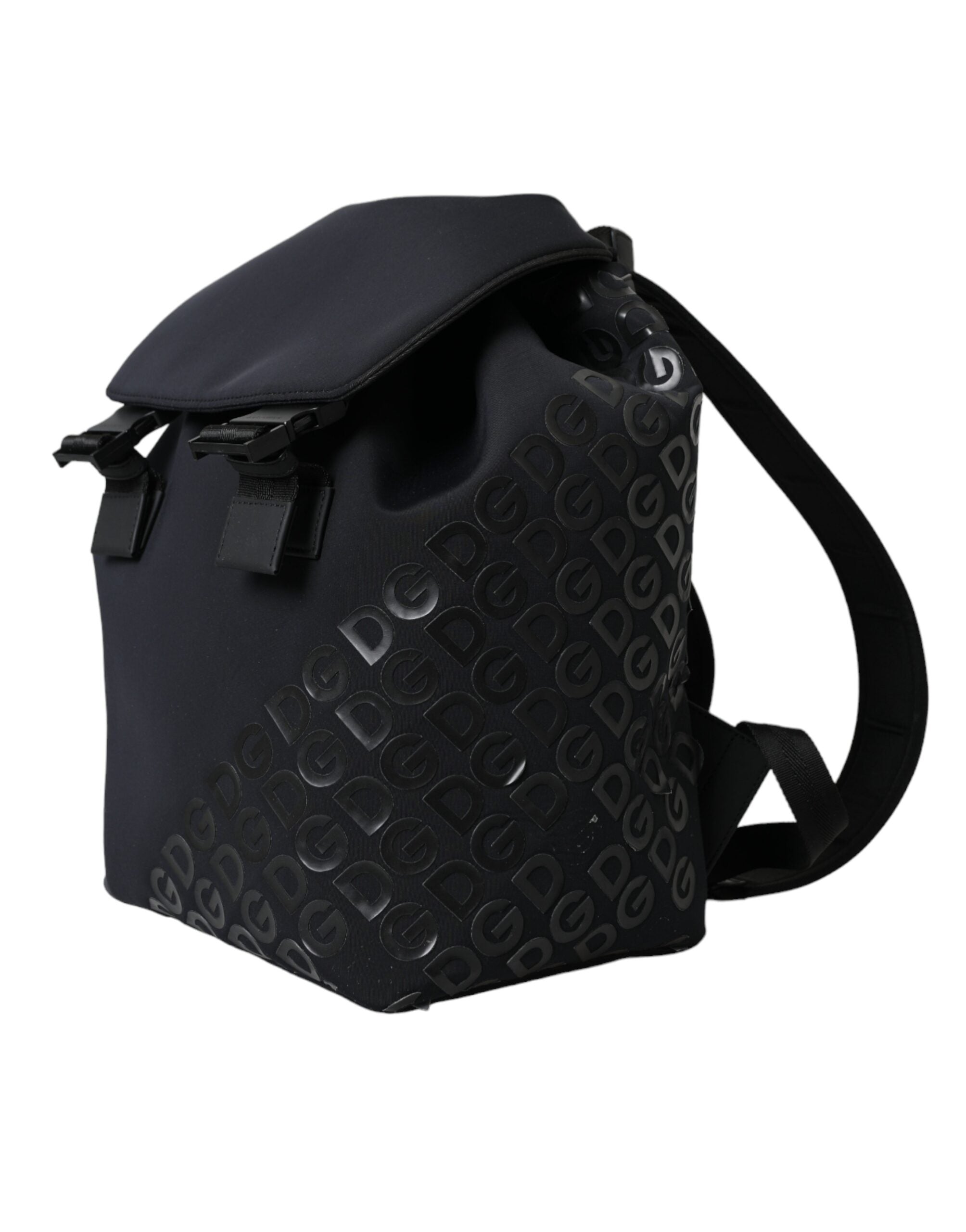 Sac à dos Dolce & Gabbana en néoprène noir avec logo DG, style scolaire, avec poignées et compartiments visibles.