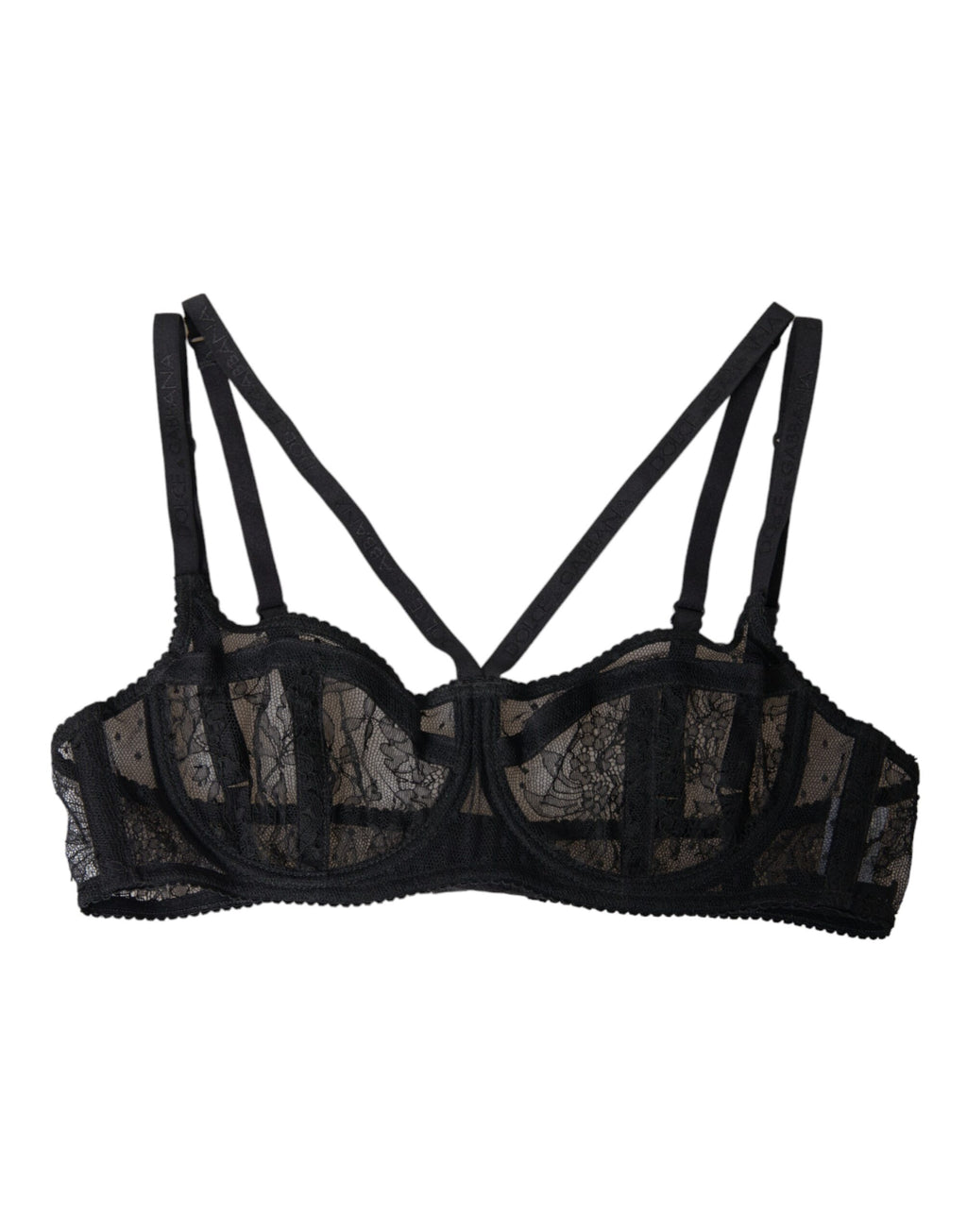Soutien-gorge balconnet en dentelle florale noire en nylon de Dolce & Gabbana, détail élégant et finitions raffinées.